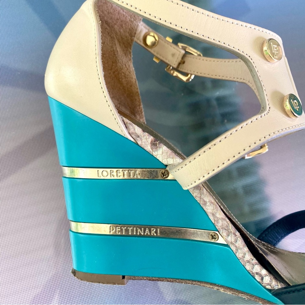 🇮🇹Loretta Pettinari, Italy 38. Turquoise Blue & Cream Strappy Wedge Sandals. 38 - Picture 9 of 16